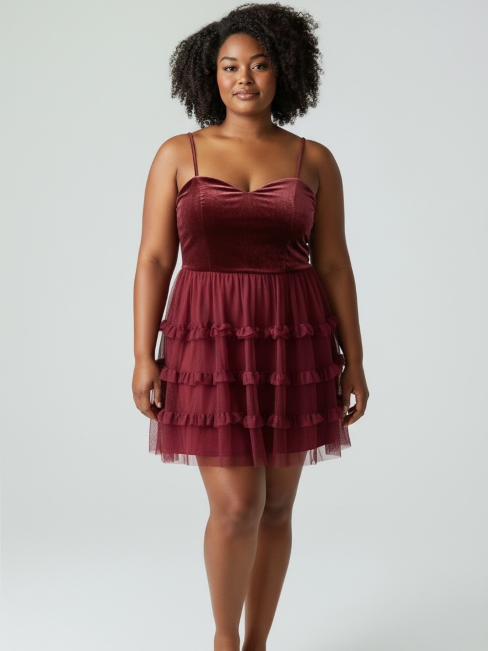 Trixxi Burgundy Velvet & Tulle Tiered Mini Dress Size Xl